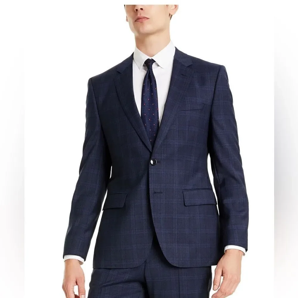 HUGO Boss Men's Modern Fit Jeffrey Dark Blue (Navy) Plaid Suit Jacket 40L